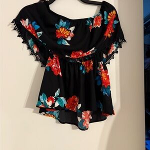 Design Lab Lord & Taylor Black Floral Off-Shoulder Blouse